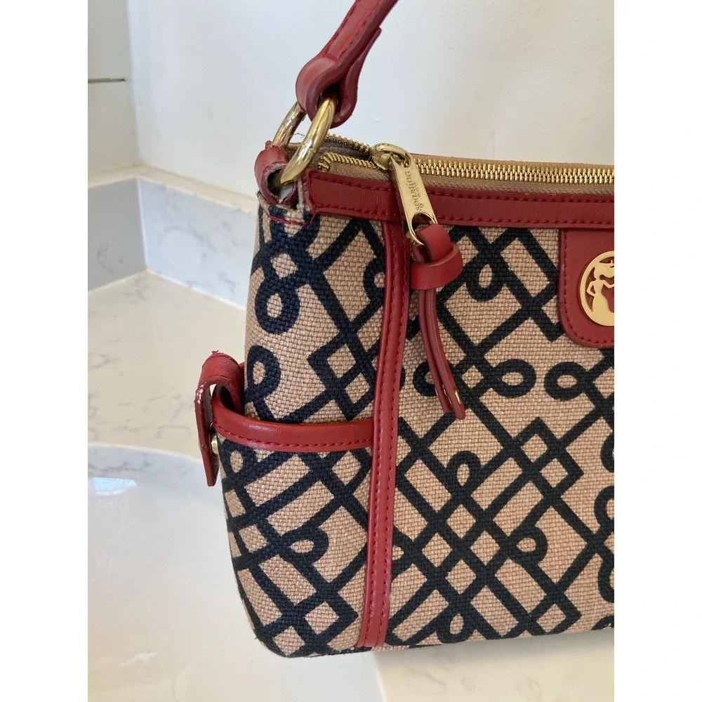 SPARTINA 449 Daufuskie Island Brown Black Linen Geometric Red‎ Leather Purse